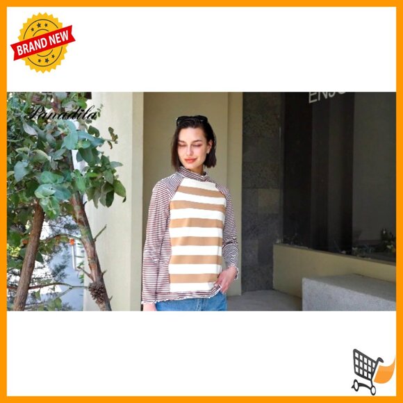 Long Sleeve Striped Turtleneck Tunic Top Raglan Sleeve Loose Fit Pullover - Picture 7 of 7